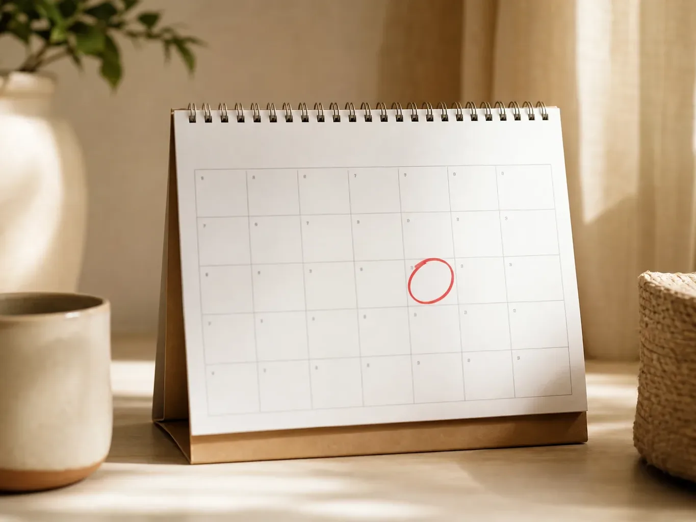 A wall calendar rests on a plain surface with a two-year injury anniversary date circled in red