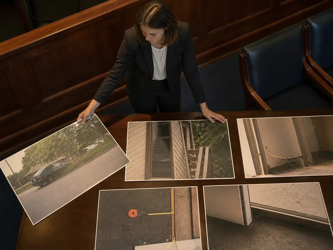 An attorney arranges trial exhibit boards inside a district courtroom