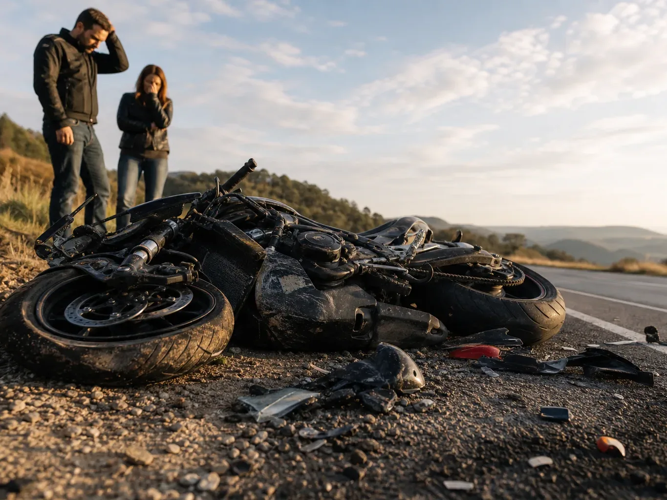 A crashed motorcycle rests on its side on a rural highway shoulder