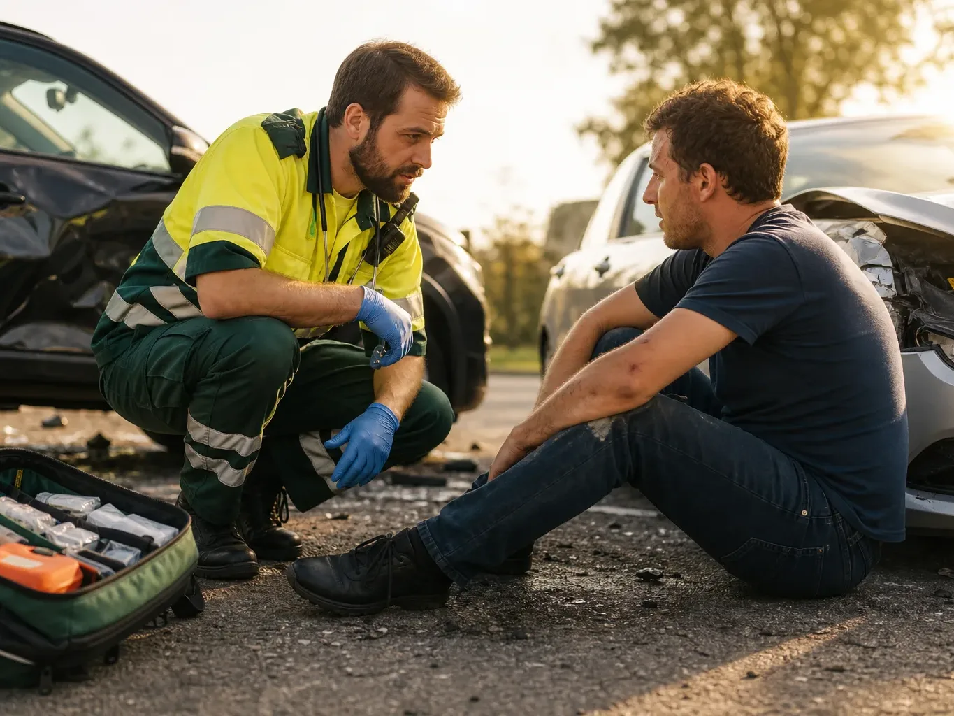 A paramedic crouches beside an injured driver at a collision scene