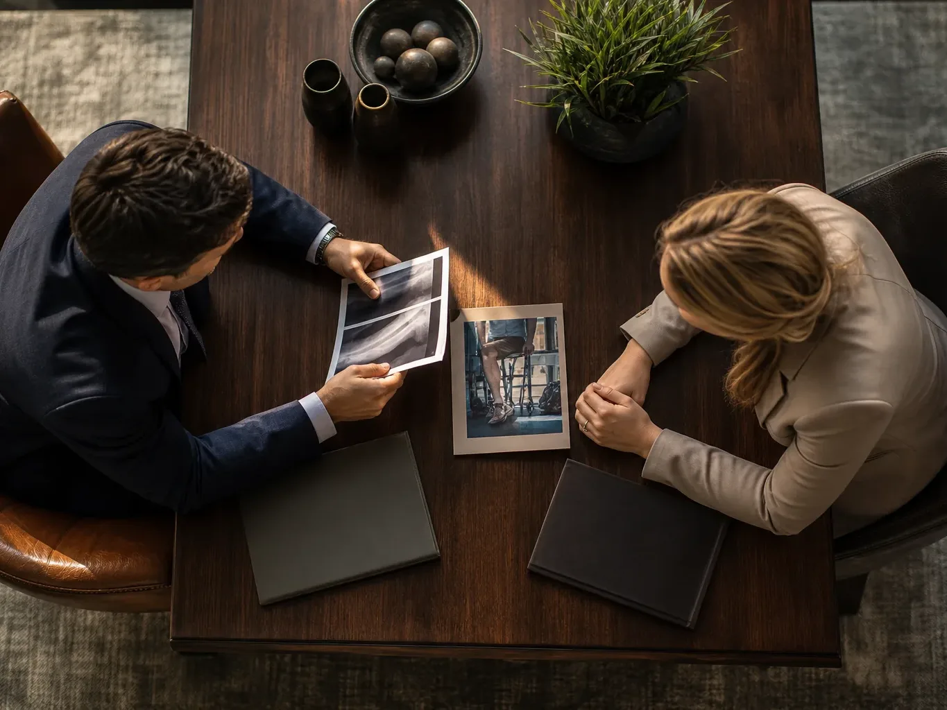 An attorney presents injury evidence and wage loss documentation to a liability insurer representative seated across a table