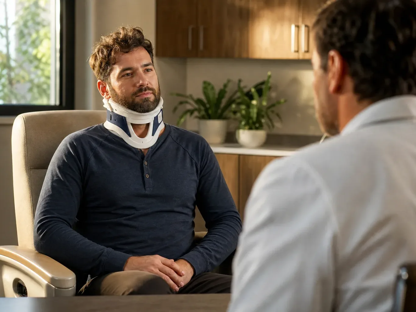 An injured driver wearing a neck brace sits in a clinical chair at a follow-up medical appointment