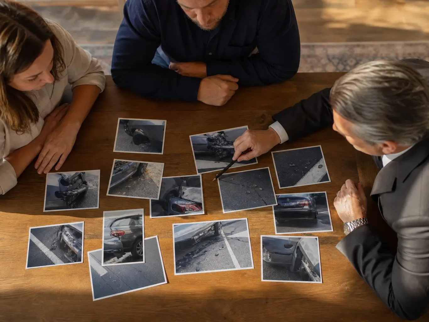 Accident scene photographs are spread across a table