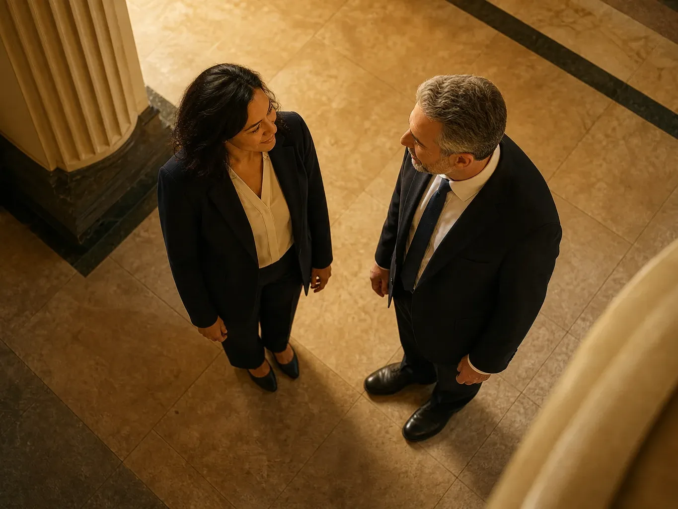An attorney and a client stand together in a courthouse corridor after a hearing