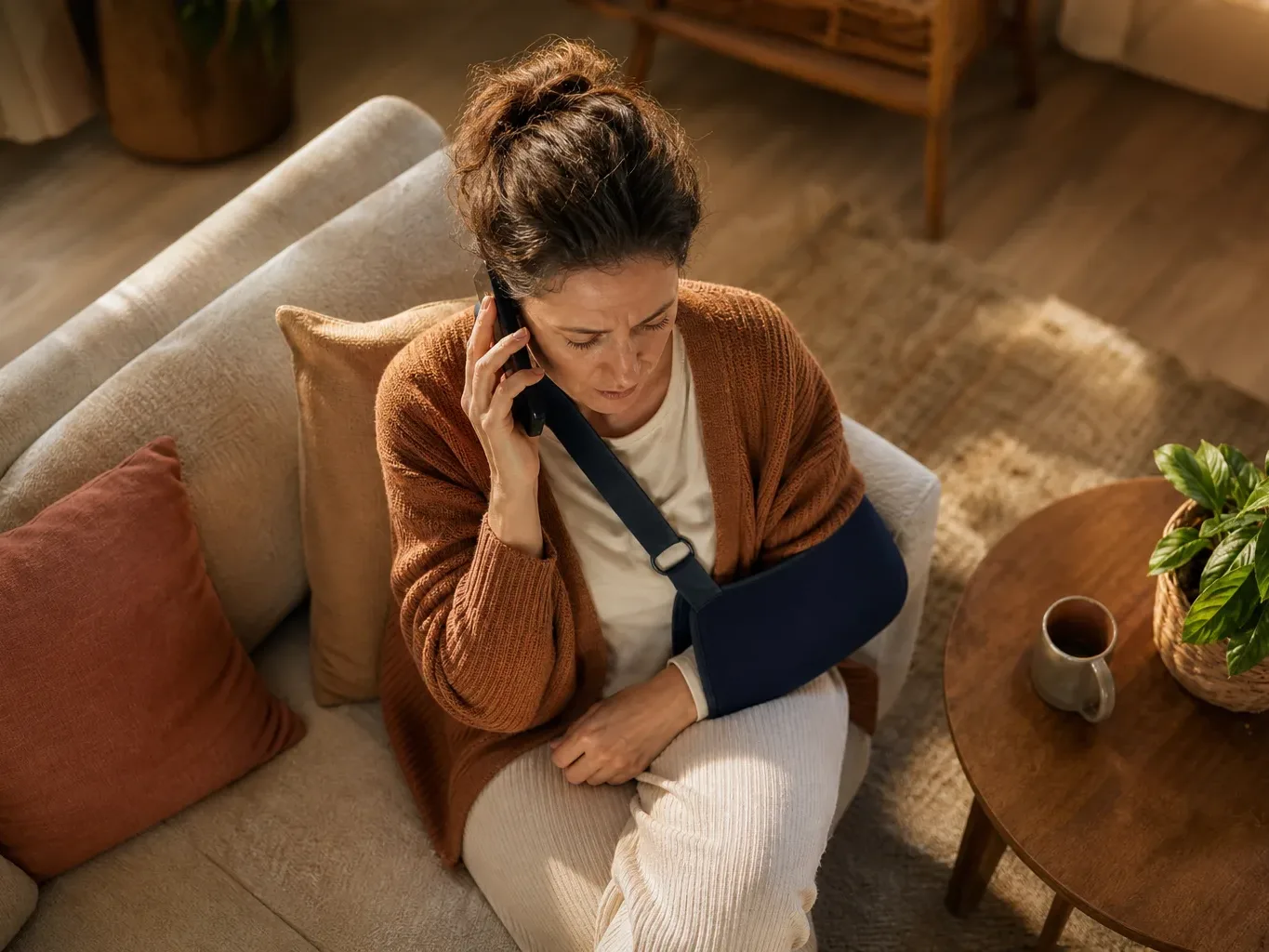 An injury victim with a visible arm sling holds a phone to their ear