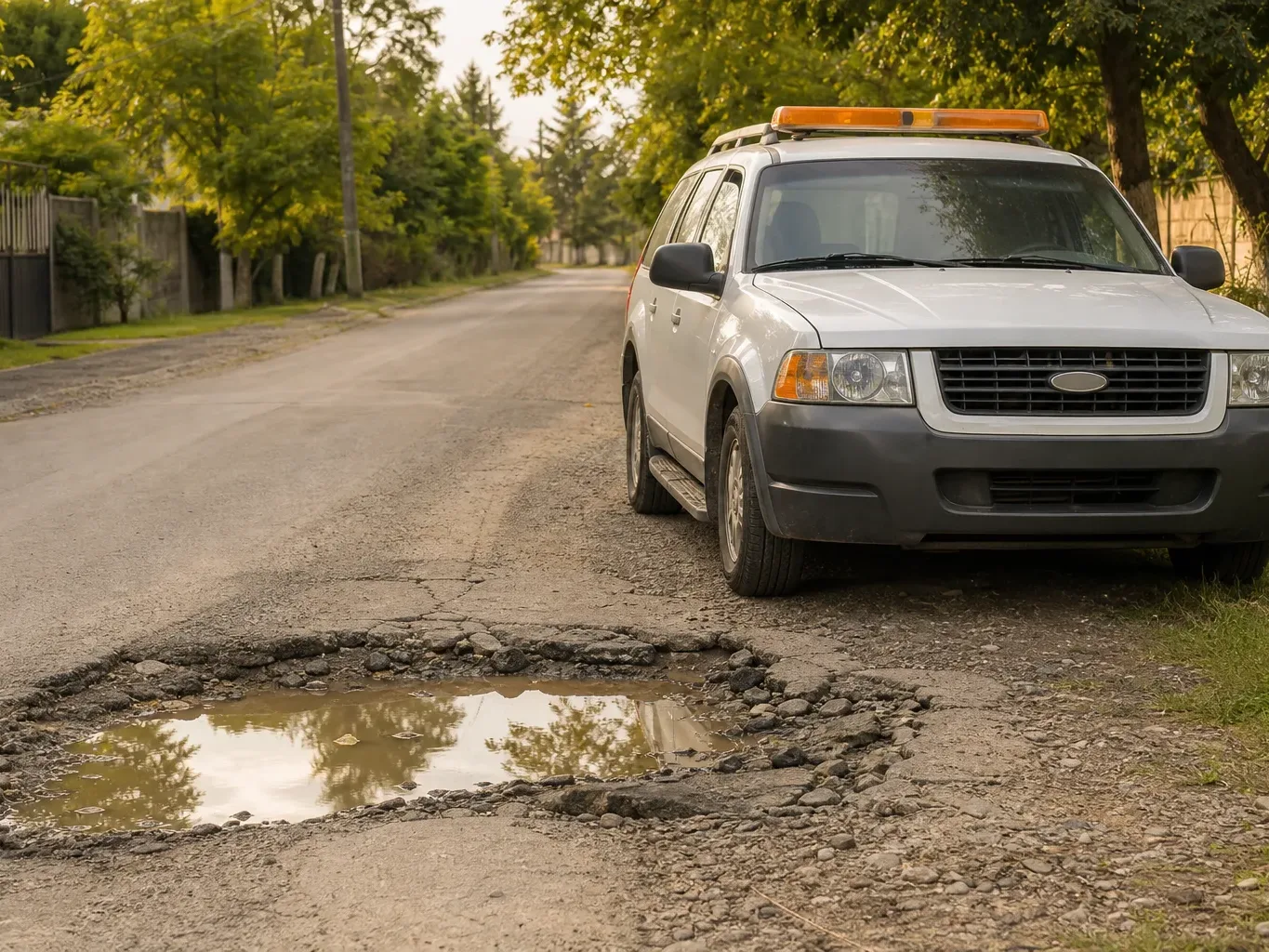 A government-marked vehicle is parked beside a road defect on a public street
