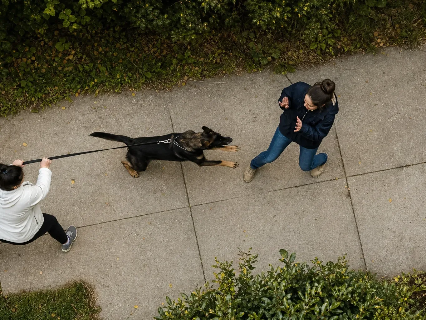 A dog lunges toward a pedestrian on a neighborhood sidewalk