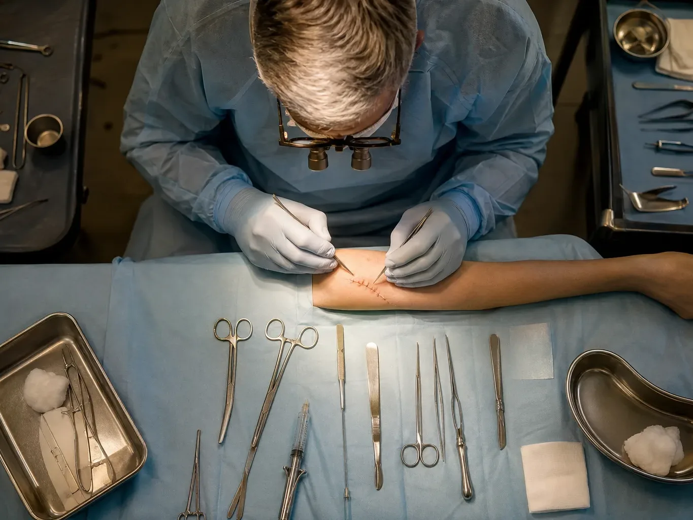 A surgeon performs reconstructive work on a dog bite scar on a patient's arm