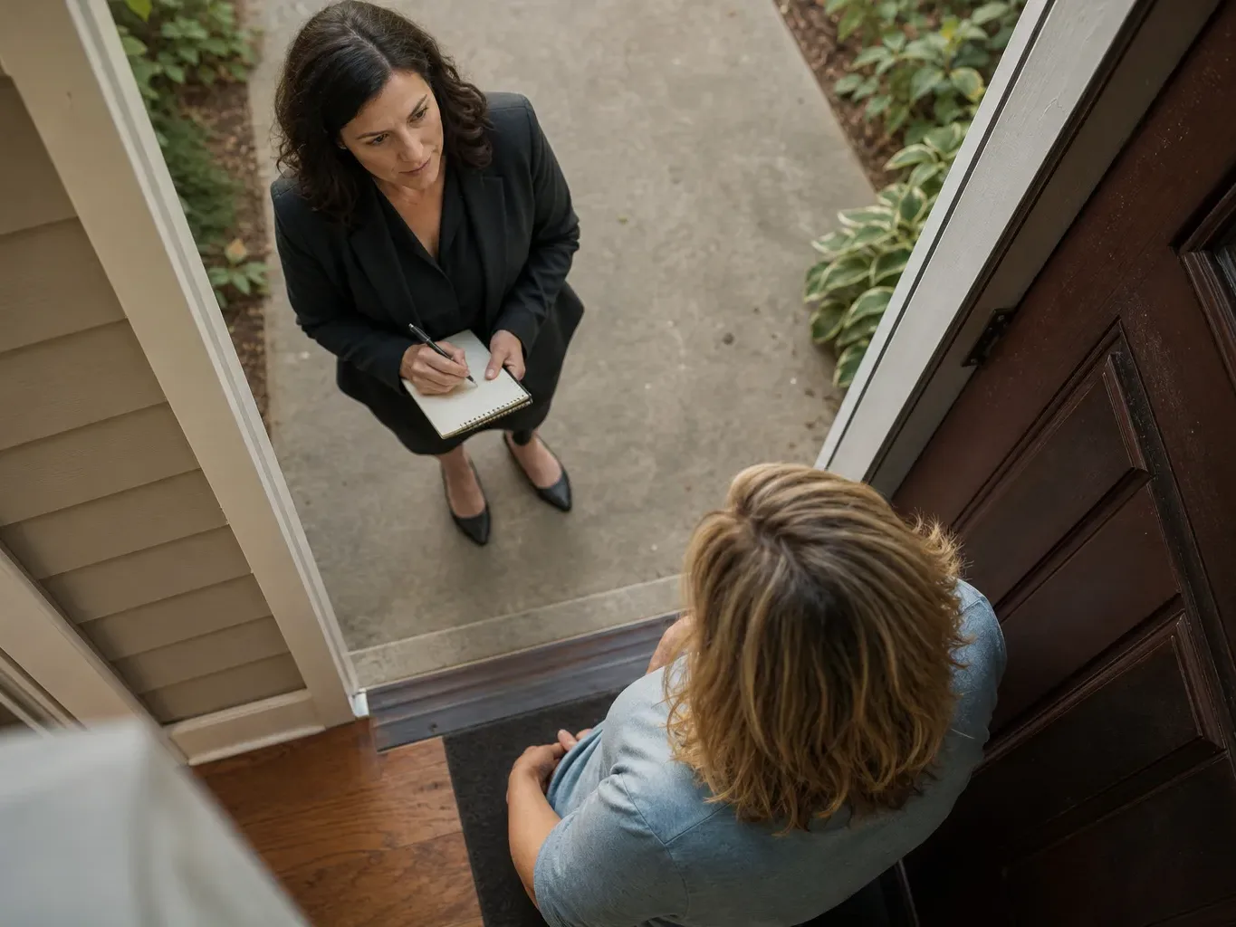 An attorney stands at a neighbor's front door interviewing a witness about a dog's prior aggressive behavior