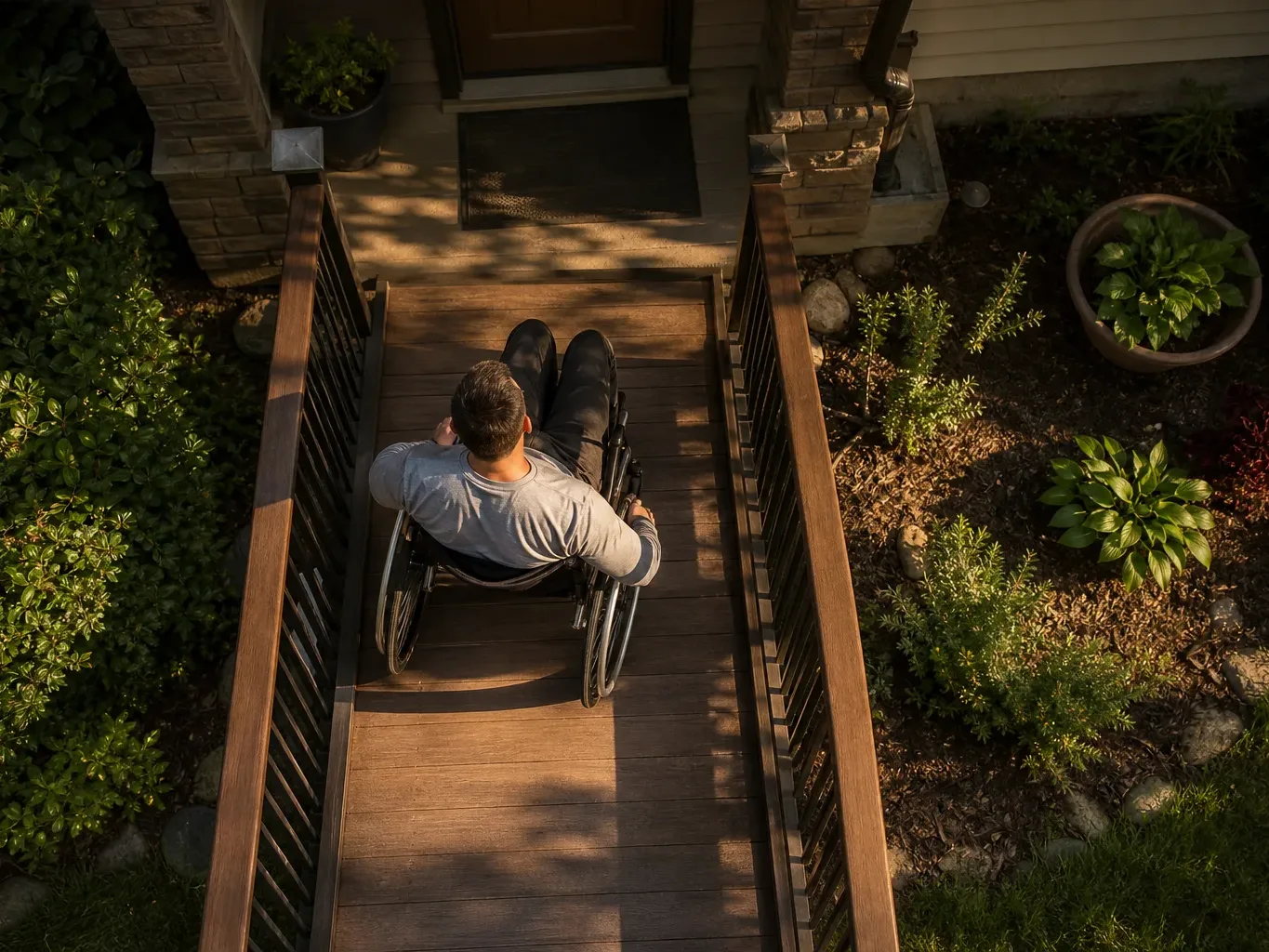 An injury victim navigates a wheelchair ramp at a home entrance