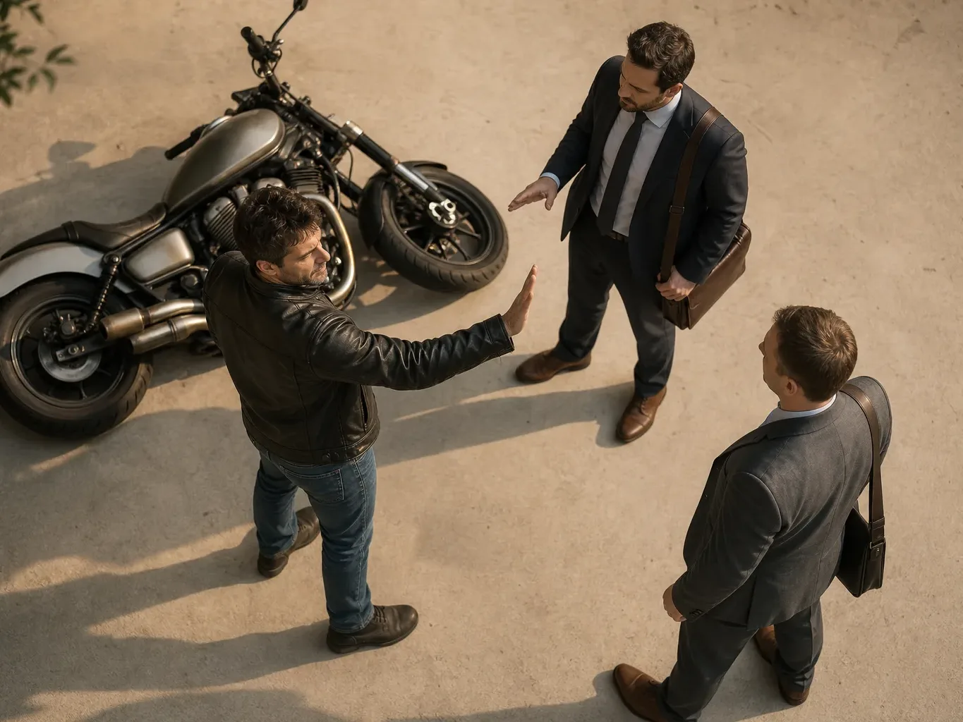 A motorcyclist gestures toward an attorney rather than speaking with an approaching adjuster