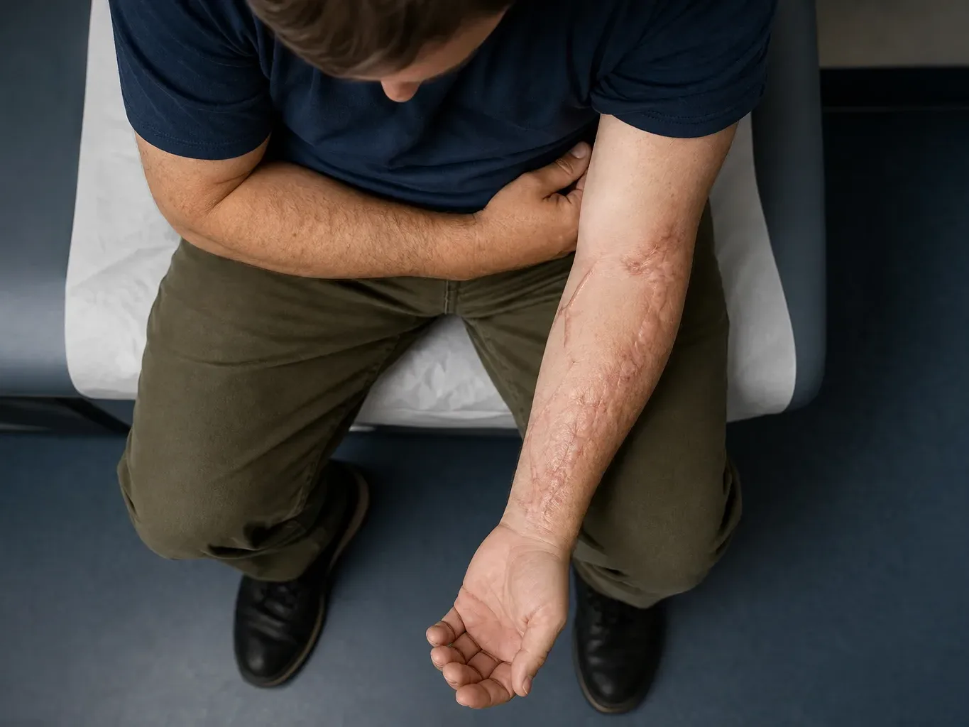 An injured worker with visible permanent scarring on an arm sits in a clinical setting