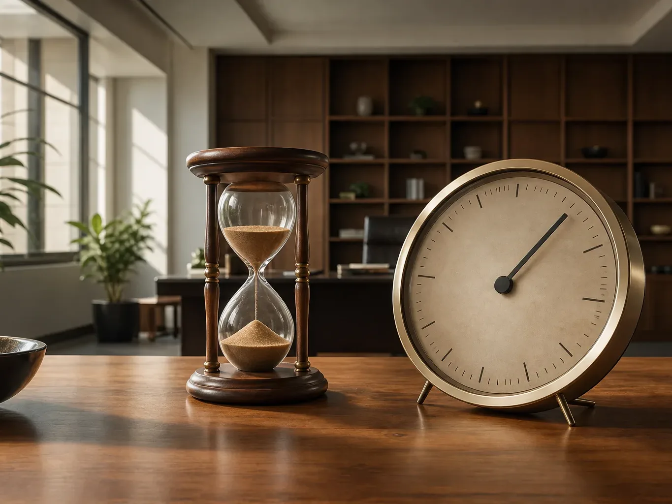An hourglass sits beside a physical wall clock displaying a two-year countdown marker in an empty office space