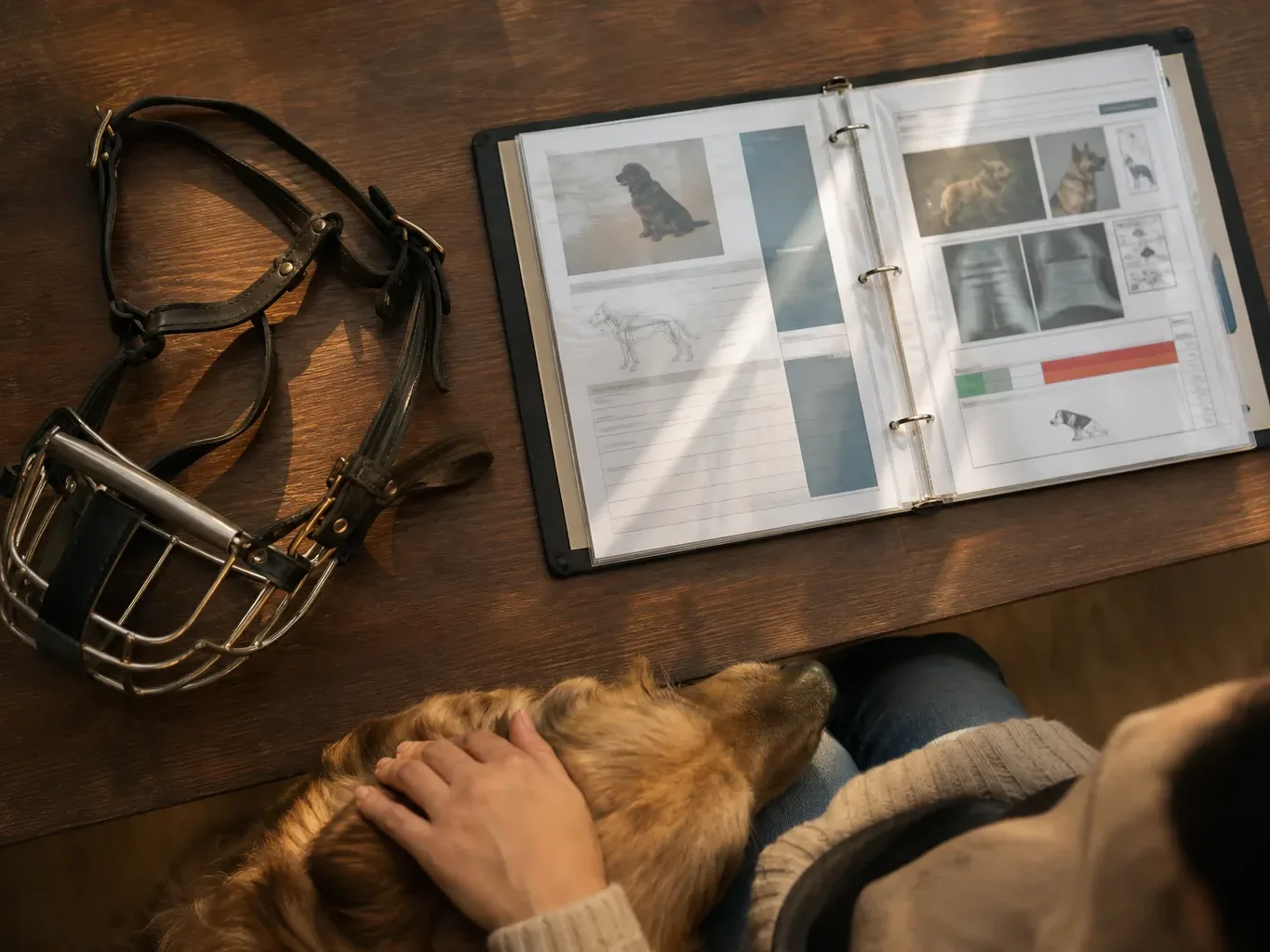 A veterinary record showing a prior aggression notation sits beside a dog muzzle on a table