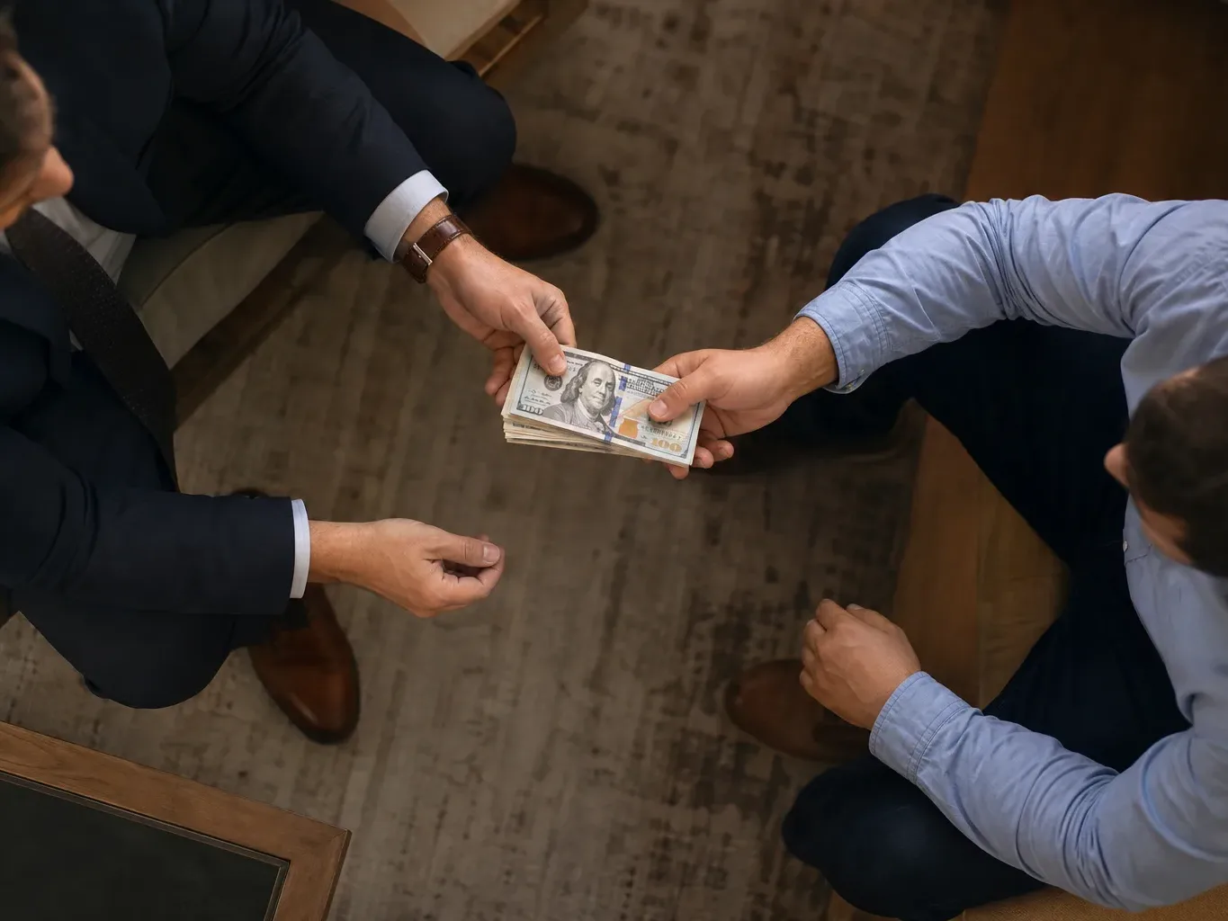 An attorney hands a settlement payment directly to an injury client after case resolution
