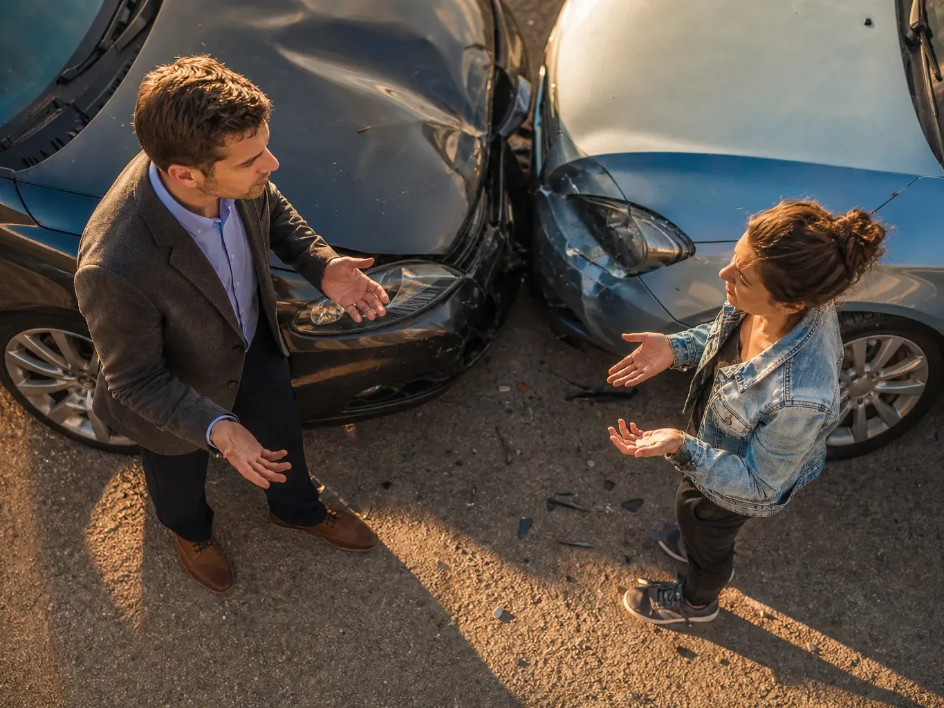 An insurance adjuster argues contributory behavior with an injury victim at a roadside crash scene