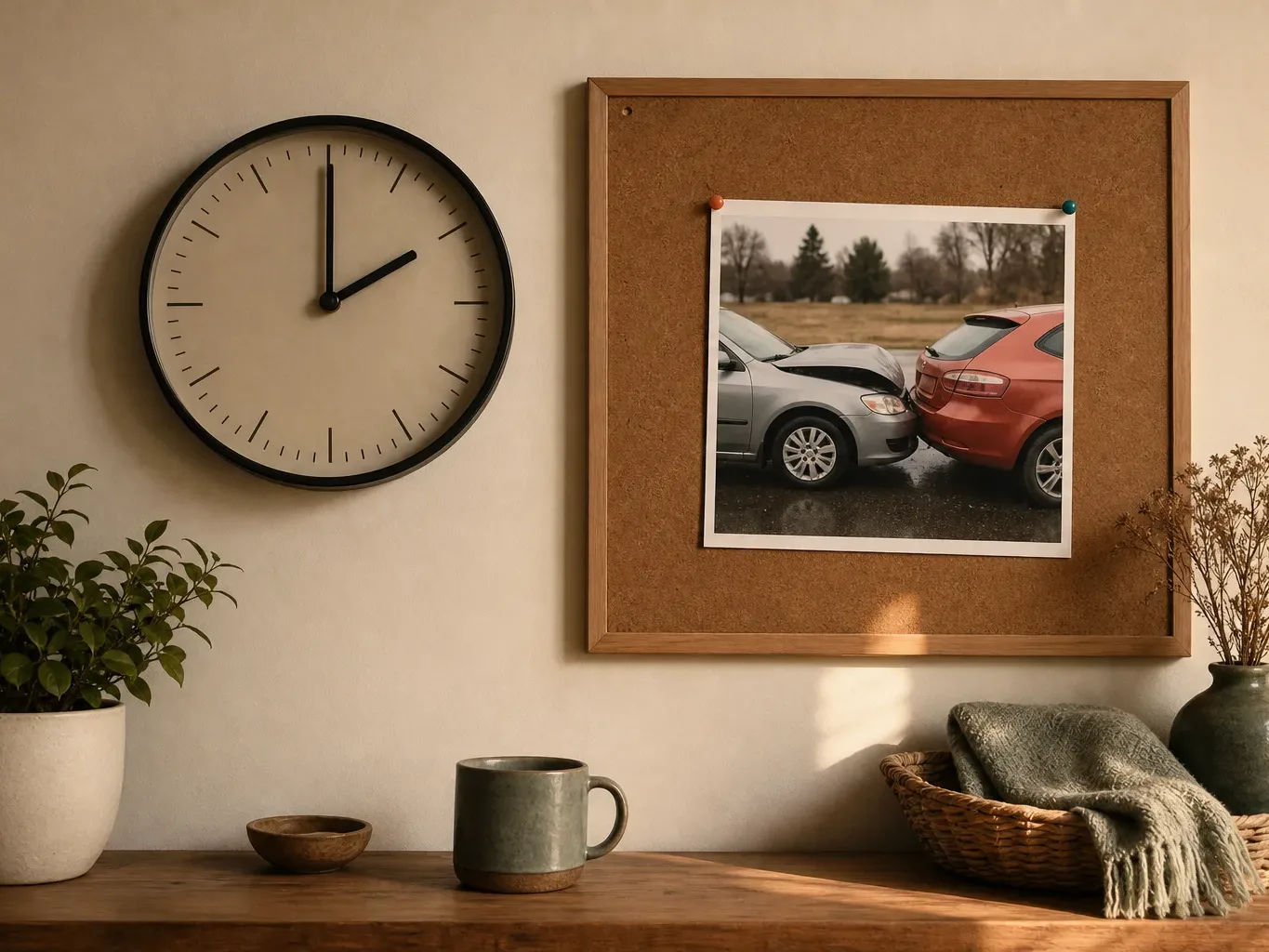 A wall clock frozen at the two-year mark hangs beside a dated injury scene photograph pinned to a corkboard