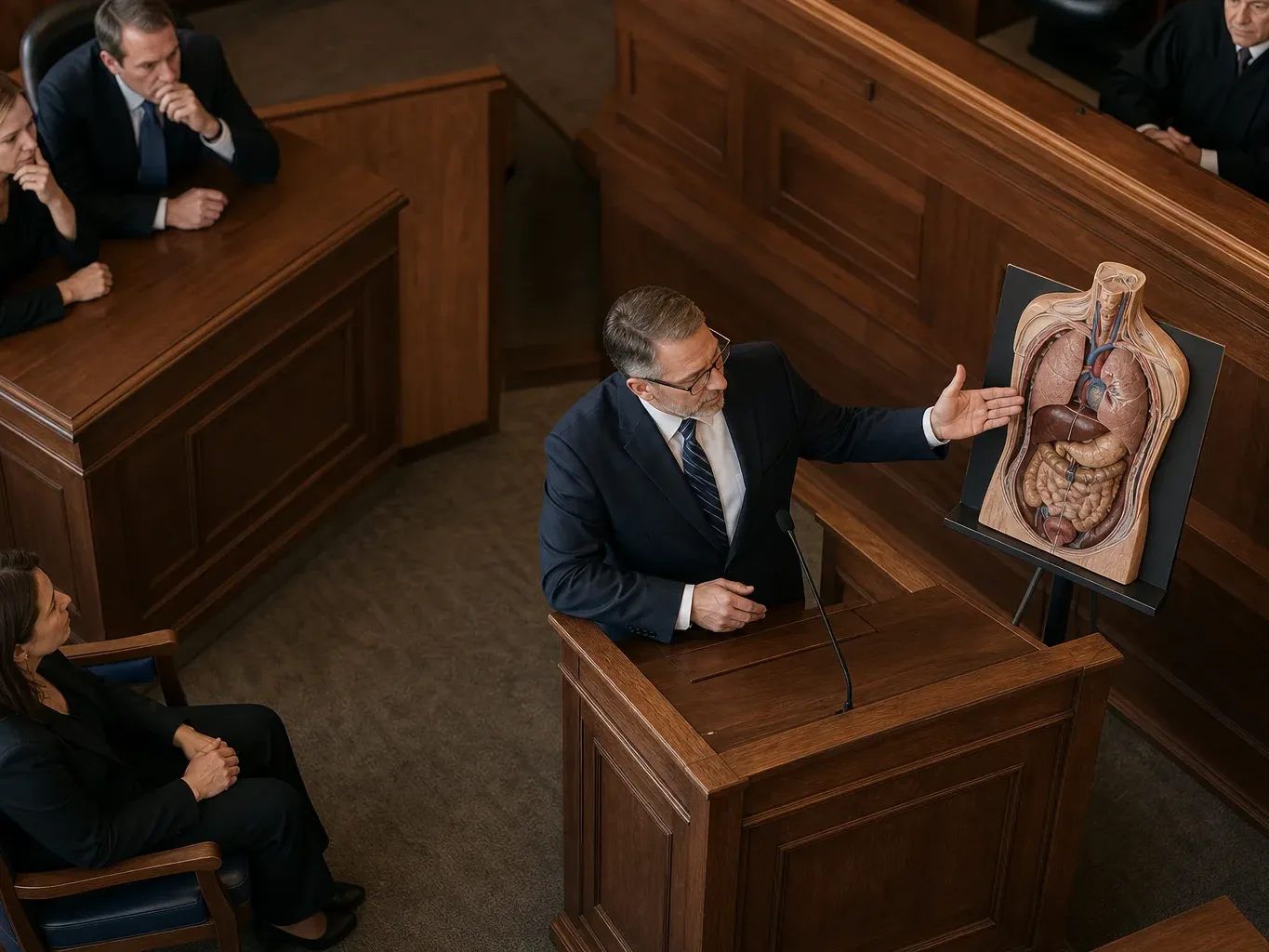 An expert medical witness testifies at a courtroom podium about ongoing treatment costs