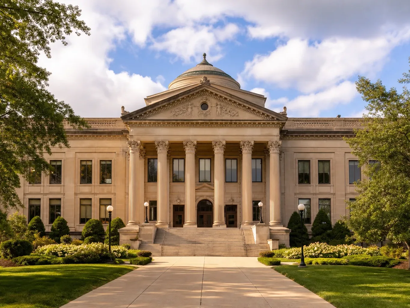 A county district courthouse exterior facade is shown in a wide symmetrical composition under soft diffuse daylight with no