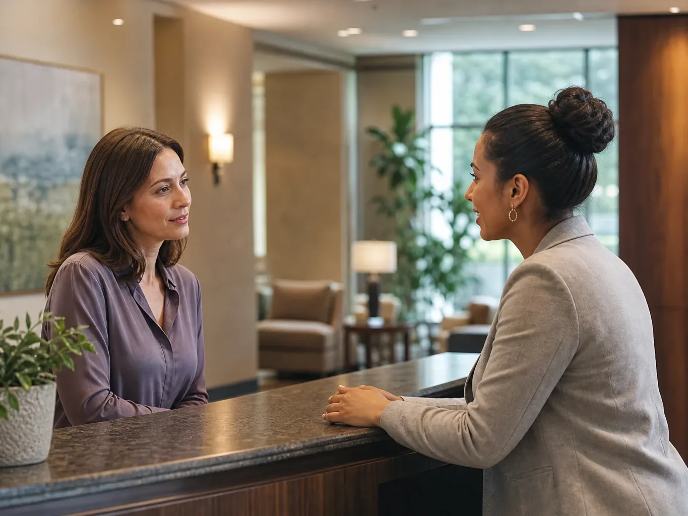 A state bar referral desk staff member assists a walk-in visitor in a professional office lobby