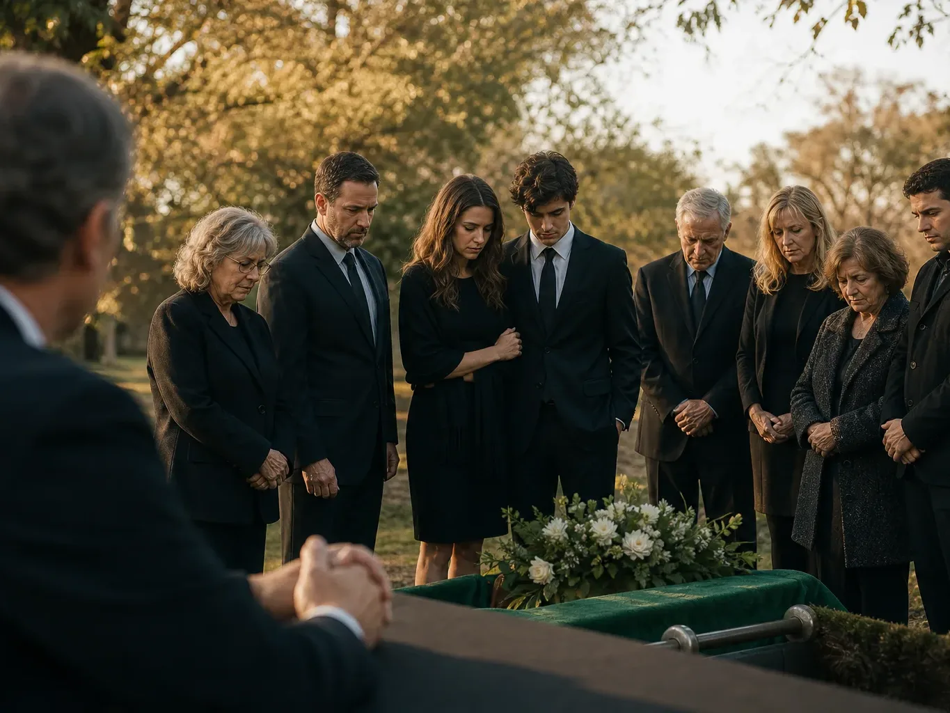 Surviving family members stand gathered at a graveside burial