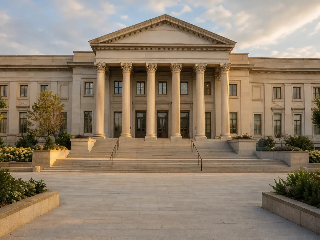A government building's exterior entrance with broad steps and a public plaza fills the frame in wide