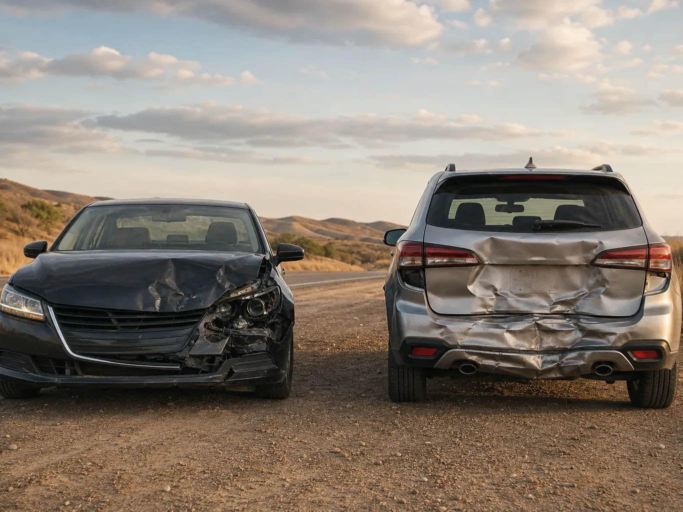 Differing collision damage marks two vehicles placed side by side on an open road shoulder