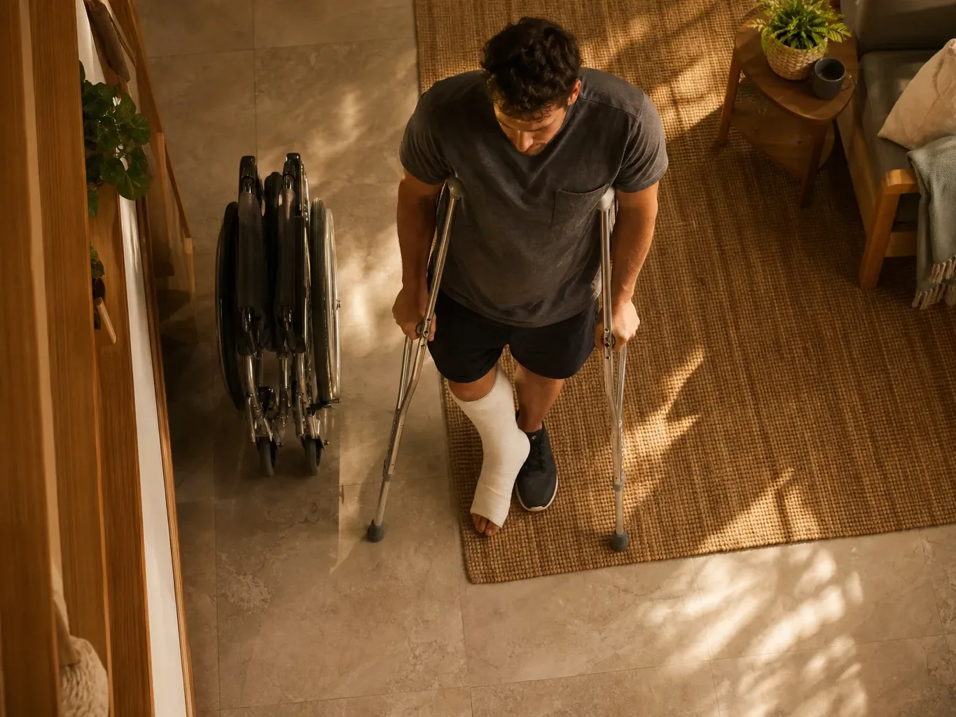 An injured worker with a leg cast braced on crutches stands beside a folded wheelchair in a recovery area