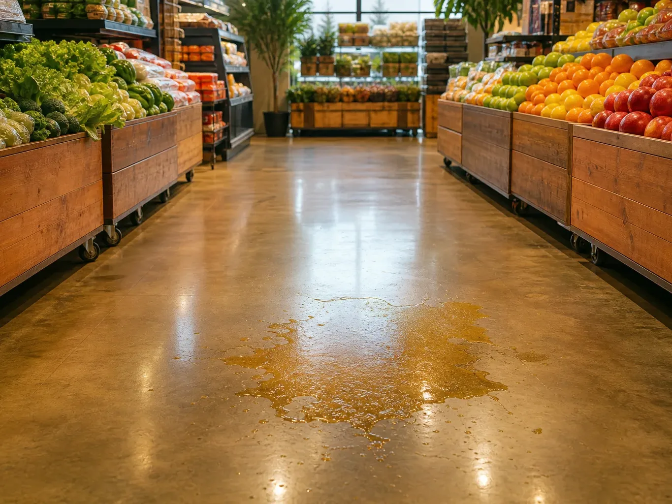 A wet grocery store floor with a spreading liquid spill and no warning cone in place is shown in a wide symmetrical