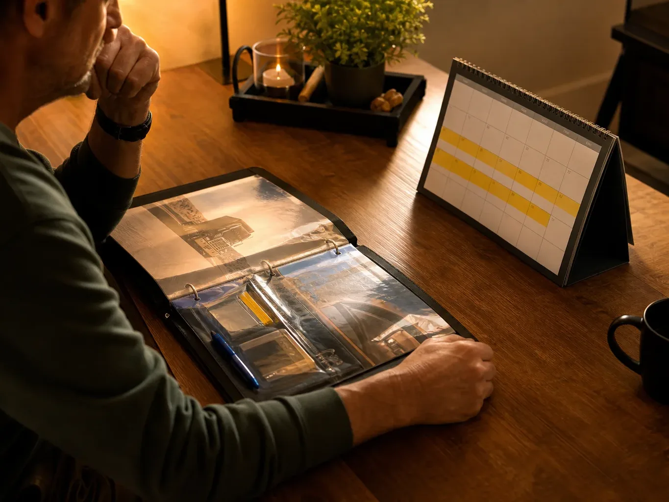 A trucking logbook with a highlighted two-year filing window lies beside a physical desk calendar