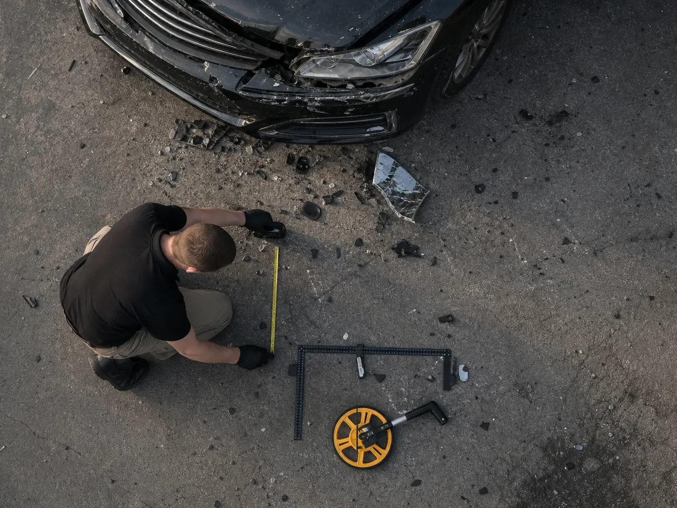 An accident reconstruction specialist examines physical crash evidence at an incident site