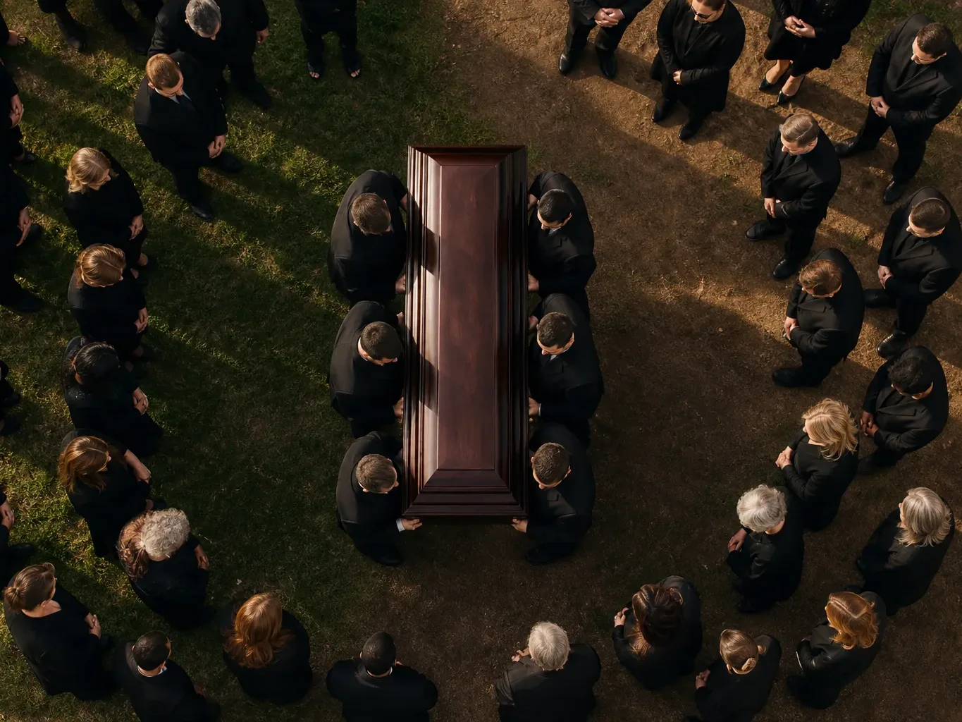 A funeral casket is carried by pallbearers at a burial service