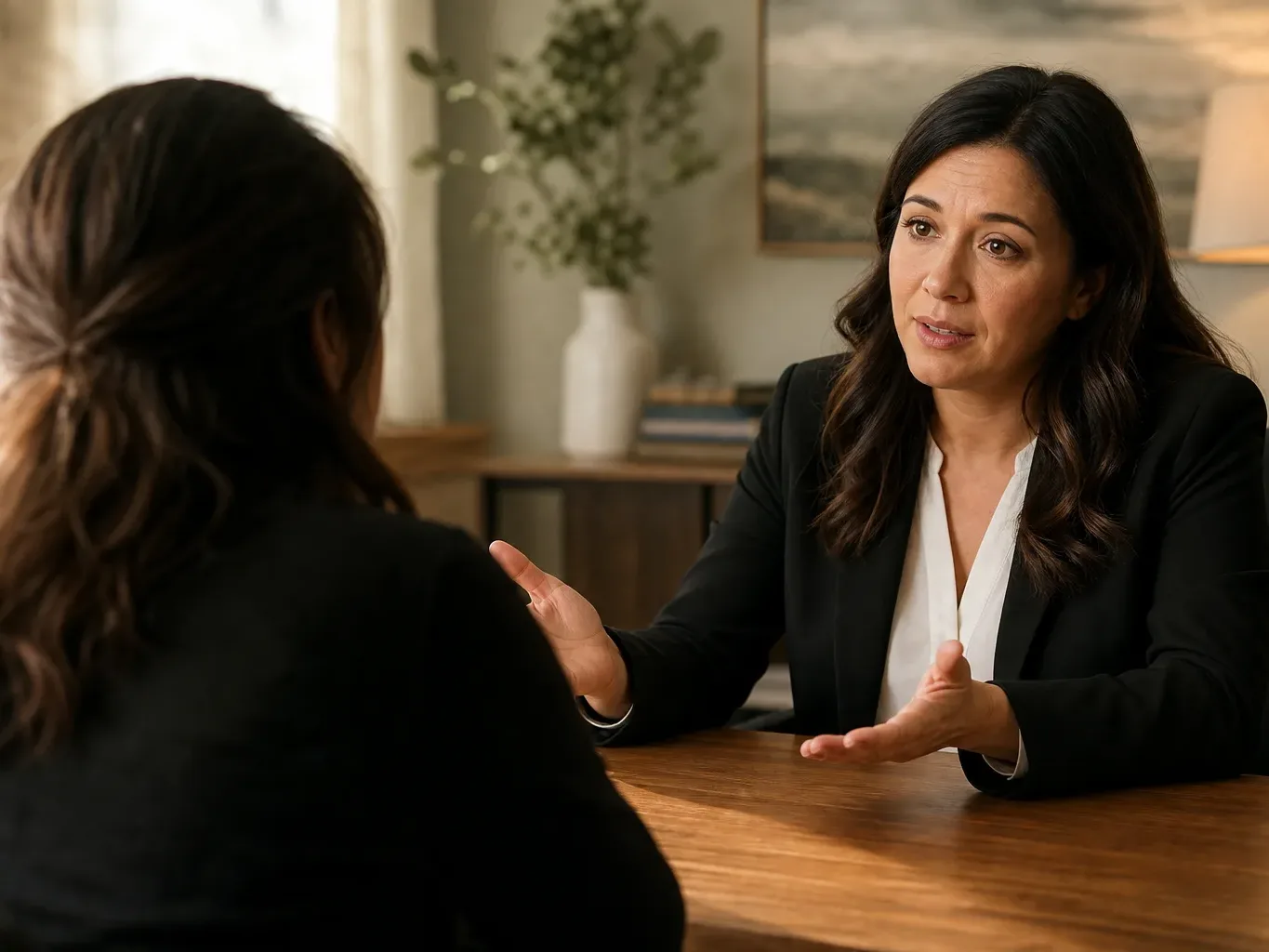 An attorney verbally explains a no-upfront-fee arrangement to a grieving family member seated across from them during a free