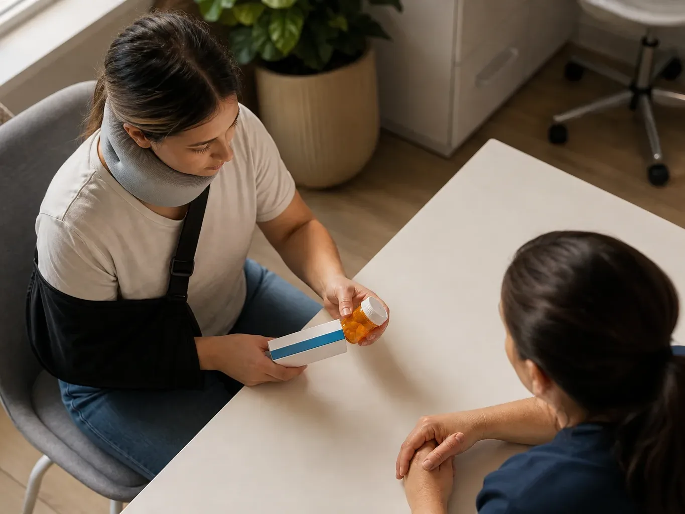 An injury victim at a follow-up medical appointment holds pharmacy medication and pay stubs reflecting missed work