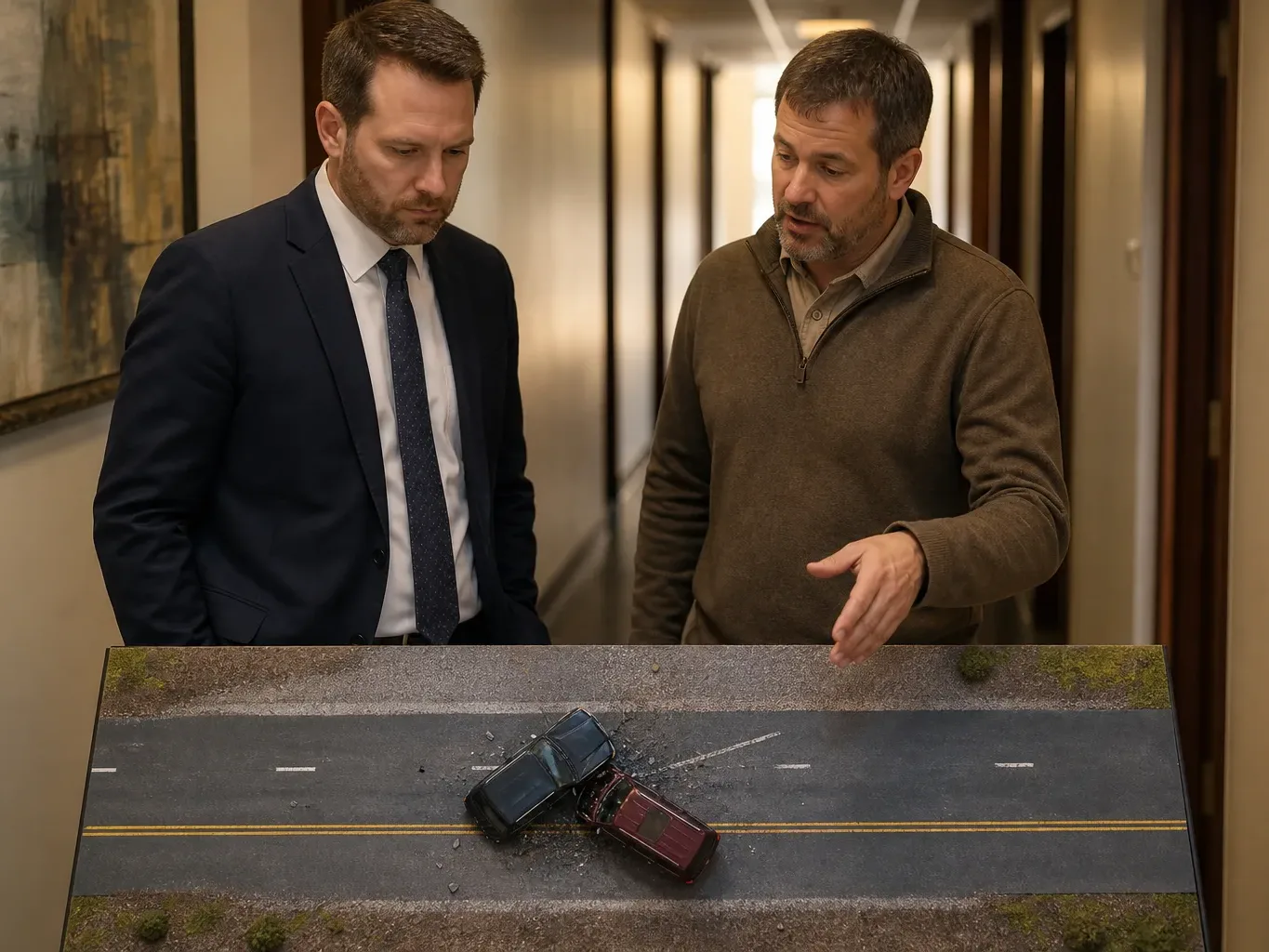 An Idaho Falls attorney meets with an accident reconstruction specialist in a clinical corridor