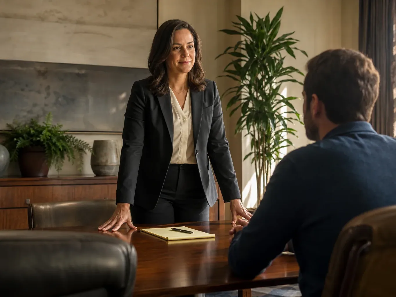 An attorney stands at the head of a conference table
