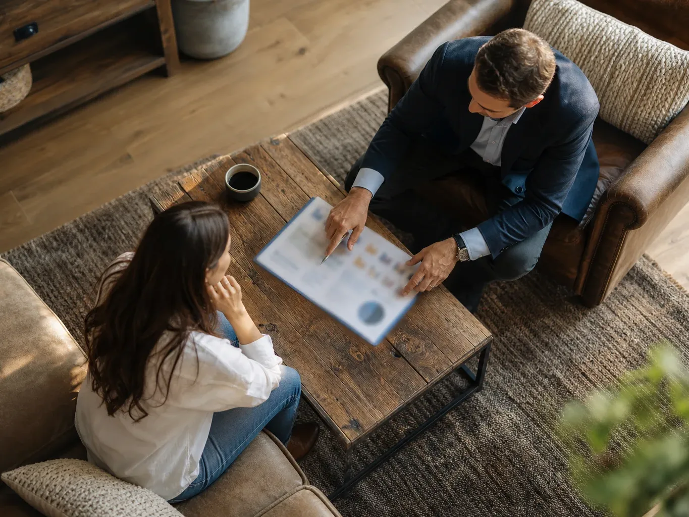 An attorney presents past verdict results to a prospective client during a consultation