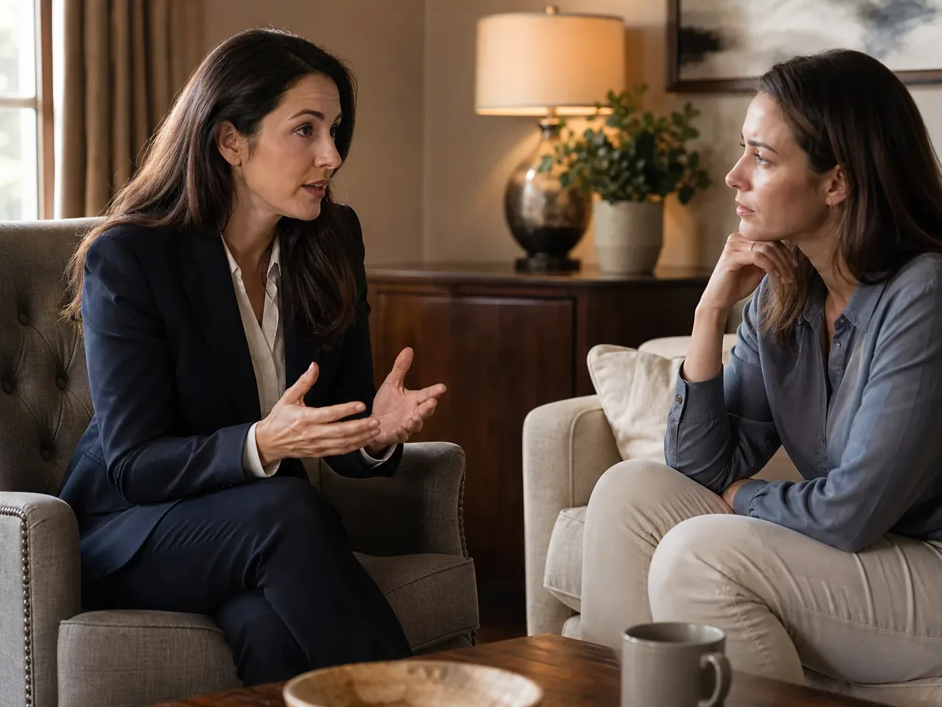 A prospective client listens to an attorney describe past trial verdicts and settlement outcomes during an evaluation meeting