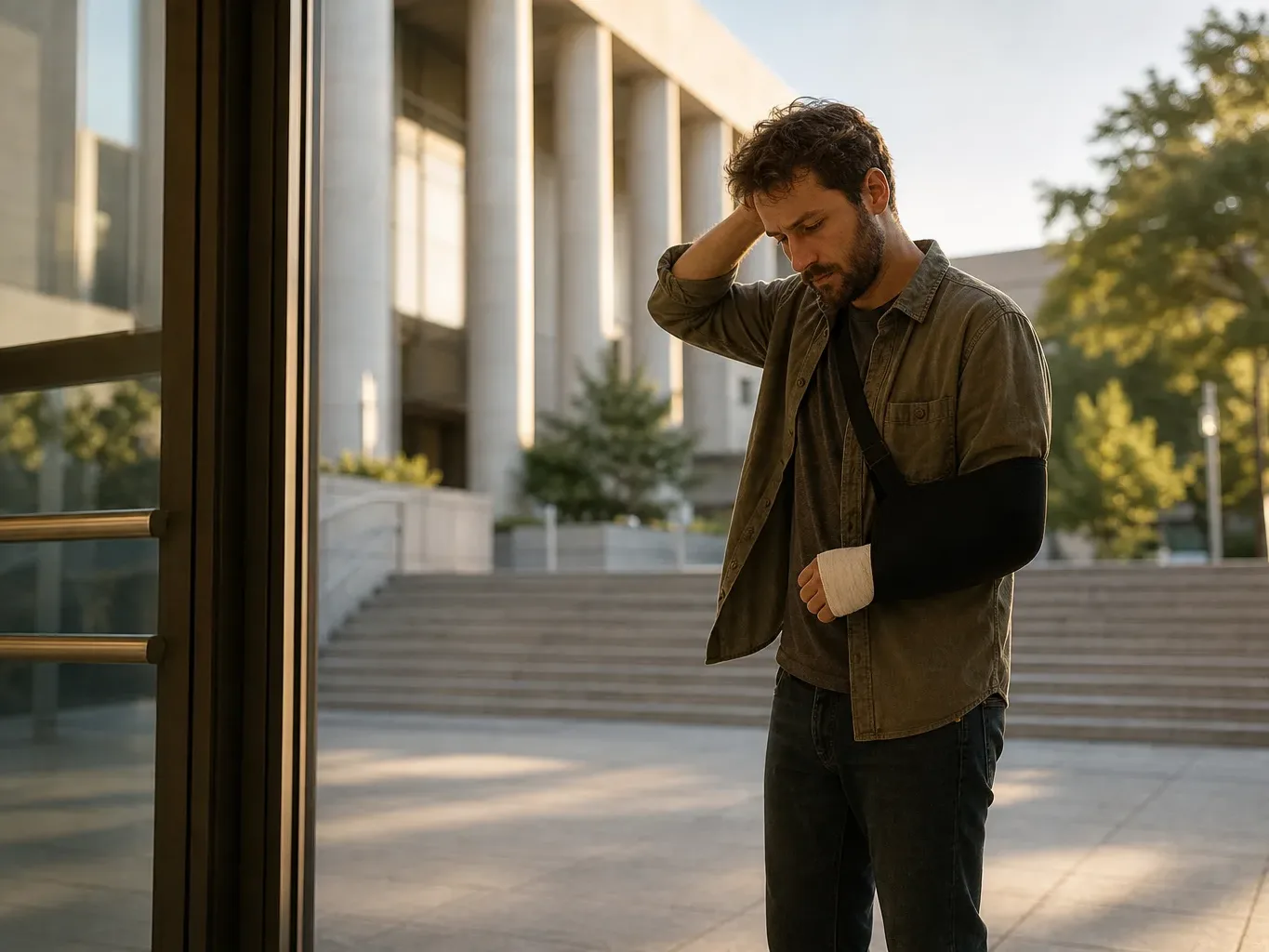 An injured person stands at a government building entrance realizing the 180-day filing window has elapsed