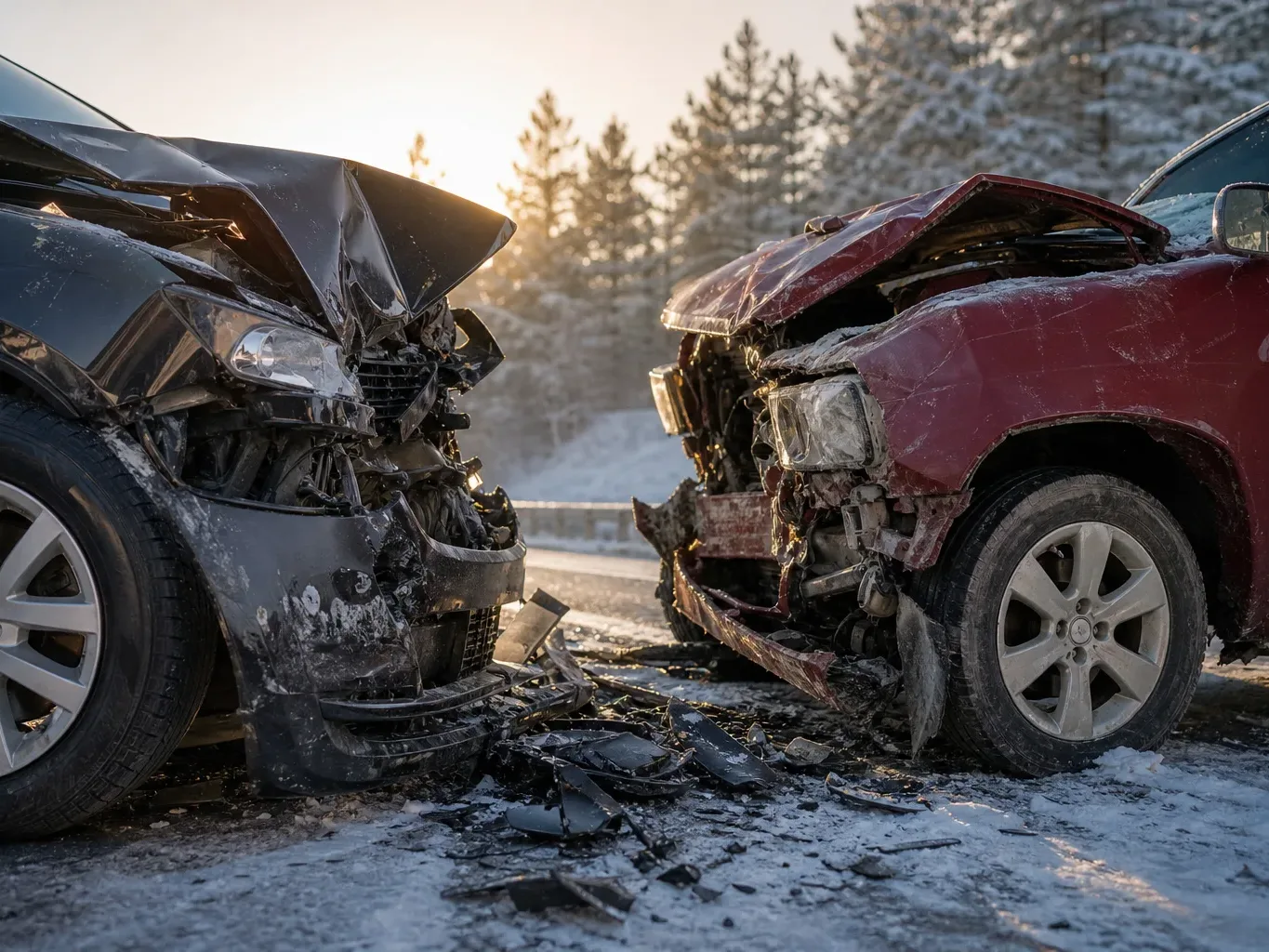 Head-on collision damage on a snow-covered highway is framed from a low angle looking upward in calm morning light