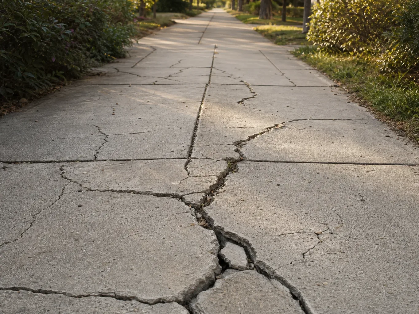 A cracked and uneven city sidewalk where a pedestrian fell is shown in a wide symmetrical frame under soft diffuse daylight